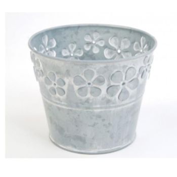 Topf Zink Metall grau, Dekoration mit Blüten gestanzt, 13cm