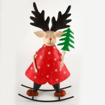 Wippe Rentier Figur, Wippfigur Weihnachten mit Tanne, 34cm