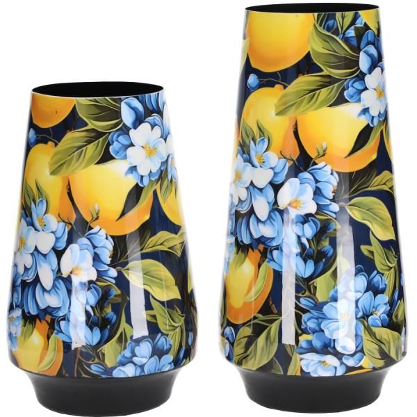 Emaillierte Blumenvase Metall, Zitrone Motiv, 29cm