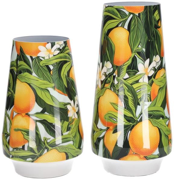 Metall Blumenvase, Orangen und Blüten, 37cm