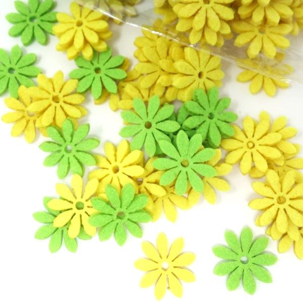 Kleine Filzblumen zum streuen, gelb und grün sortiert, 144 Stück