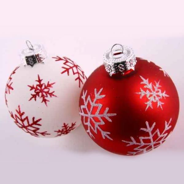 Stilvolle Glas XMAS Kugeln, rot und weiss mit Schneeflocken. 6cm